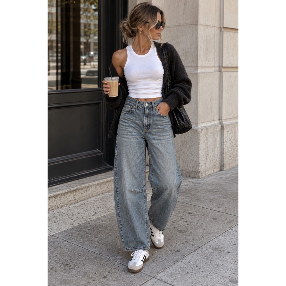 Zara Barrel Jeans Gray Washed Denim High Rise Curved Leg Size 8